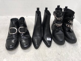 3 X ASSORTED WOMENS SHOES TO INCLUDE LA REDOUTE EMBROIDERED LEATHER SMALL HEELED BOOTS IN BLACK SIZE: 39 EU: LOCATION - F4