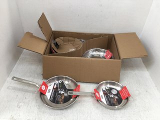 BOX OF KUHN RIKON ASSORTED SIZE FRYING PANS: LOCATION - F9