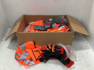 BOX OF ASSORTED PROTECTIVE CLOTHING TO INCLUDE QTY OF SAFE - T HI - VIZ WAISTCOATS IN ORANGE IN VARIOUS SIZES: LOCATION - F10