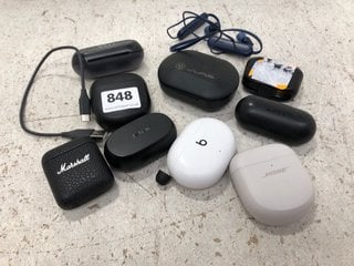 QTY OF ASSORTED BRAND EARBUD SETS TO INCLUDE MARSHALL EARPHONES IN BLACK IN PROTECTIVE CHARGING CASE: LOCATION - F16