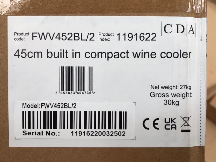 John Pye Auctions CDA 45CM BUILT IN COMPACT WINE COOLER MODEL