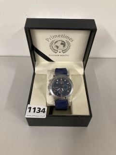 PRIMETIMES THE OLYMPIAN. MODEL PT1988. MEN'S CHRONOGRAPHIC SPORTS WATCH. TOUGH ALLOY CASING, BRUSHED CHROME BEZEL AND BLUE DIAL, BLUE SILICONE STRAP,COATED GLASS AND WATER RESISTANT TO 30 METERS. DIA
