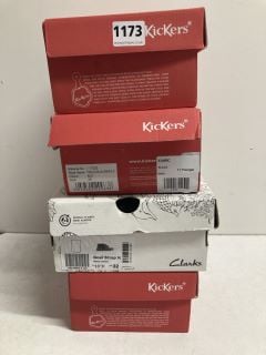 4 X ASSORTED FOOTWEAR TO INCLUDE PAIR OF KICKERS TOVNI LO VEL BLOOM PATENT SCHOOL SHOES BLACK SIZE 11 YOUNGER