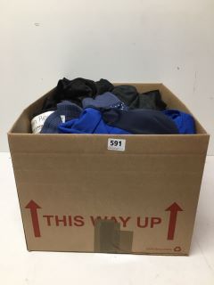 LARGE BOX OF ASSORTED CLOTHING IN VARIOUS SIZES & DESIGNS