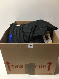 LARGE BOX OF ASSORTED CLOTHING IN VARIOUS SIZES & DESIGNS
