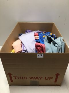 LARGE BOX OF ASSORTED CHILDRENS CLOTHING IN VARIOUS STYLES & SIZES