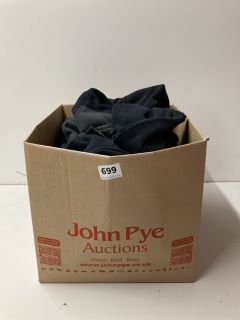 BOX OF ASSORTED CLOTHING IN VARIOUS SIZES & DESIGNS