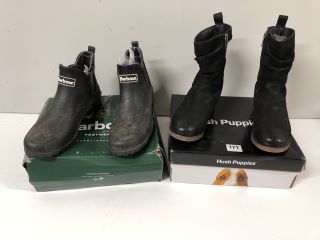TWO PAIRS OF FOOTWEAR TO INCLUDE HUSH PUPPIES SIZE 4 AND BARBOUR