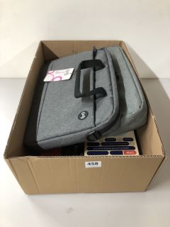 A BOX OF ASSORTED LAPTOP BAGS AND CASES, CHARGERS ETC