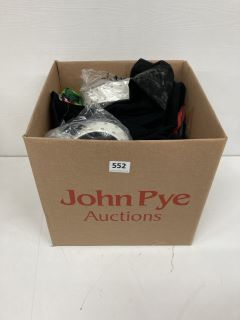 A BOX OF ASSORTED CLOTHING ITEMS TO INCLUDE DESIGNER WHITE LEATHER BELT