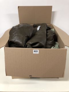 BOX OF ASSORTED CLOTHING AND ACCESSORIES TO INCLUDE A FAUX LEATHER JACKET L