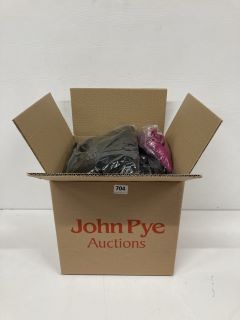 A BOX OF ASSORTED CLOTHING TO INCLUDE SEQUIN TROUSERS SIZE 12