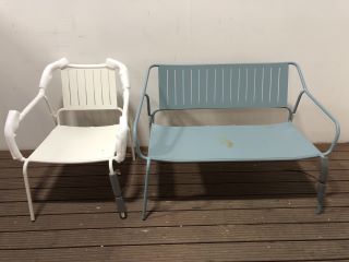 2X ASSORTED ITEMS TO INCLUDE JOHN LEWIS 2-SEATER METAL GARDEN SOFA, GREEN AND WHITE METAL GARDEN CHAIR RRP £250