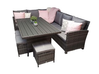 SIGNATURE WEAVE CHARLOTTE CORNER DINING SOFA WITH HDPE WOOD EFFECT TABLE TOP IN 8MM FLAT GREY WEAVE APPROX RRP £849
