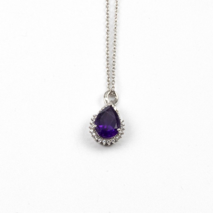 Silver Amethyst Pear Drop Faceted Stone with Clear Stone Halo Pendant, 1.7cm and Chain, 45cm, 2.4g