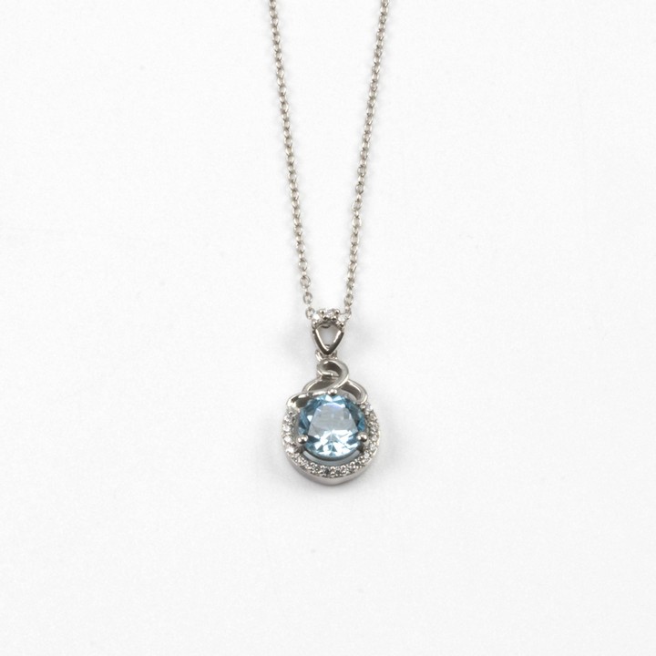 Silver Sky Blue Topaz Round Stone with Clear Stone Halo and Bale Pendant, 2cm and Chain, 45cm, 2.8g