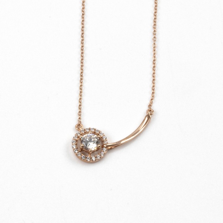 Silver Rose Gold Plated Clear Round Faceted Stone with Circle Halo Pendant, 2.7cm and Chain, 48cm, 2.5g