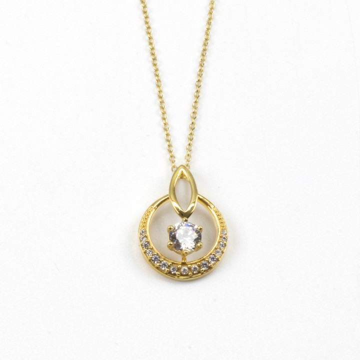 Silver Yellow Gold Plated Clear Round Faceted Stone with Clear Stone Half Halo Circle Pendant, 2cm and Chain, 45cm, 2.9g