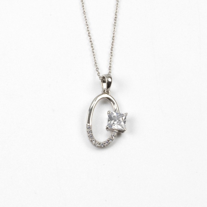 Silver Clear Square Faceted Stone Half Halo Clear Stone Pavé Oval Pendant, 2.7cm and Chain, 45cm, 3g