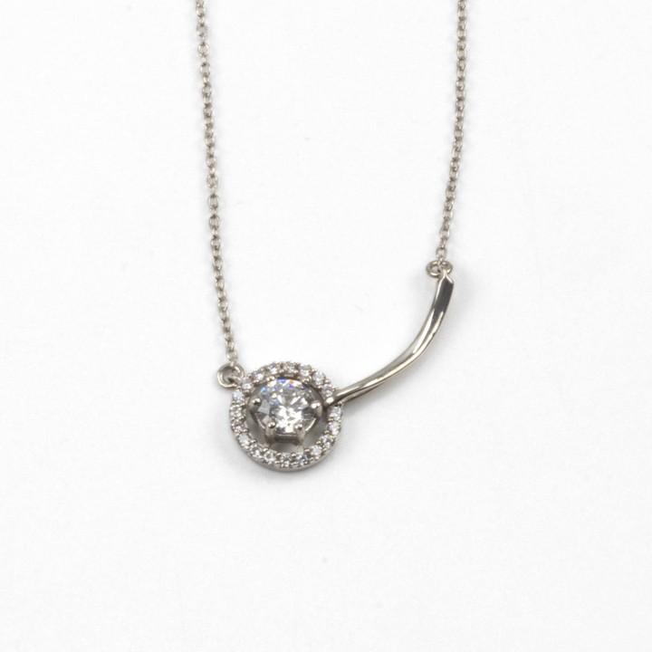 Silver Clear Round Faceted Stone with Circle Halo Pendant, 2.7cm and Chain, 48cm, 2.5g