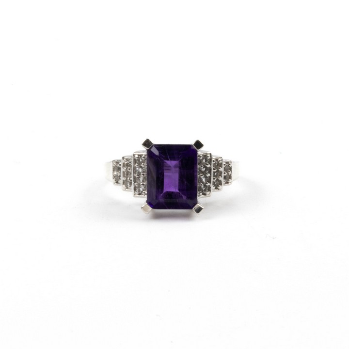 Silver Purple Rectangle Faceted Stone with Clear Stone Pavé Shoulders Ring, Size L, 3.5g