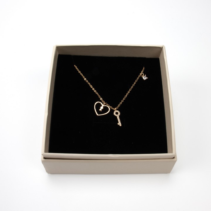 Chomel Gold Plated Silver Heart, Key and CZ Pendant and Chain, 45cm, 2.7g (VAT Only Payable on Buyers Premium)