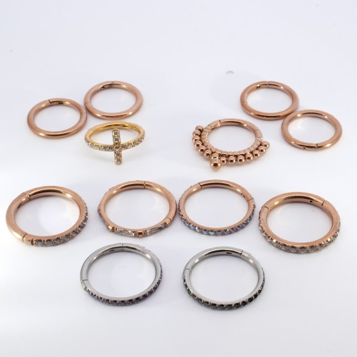 Two Pairs of Titanium Sleeper Earrings, 0.8cm and Eight Single Gold Plated Metal Sleeper Nose Rings, 0.8-1.2cm (VAT Only Payable on Buyers Premium)