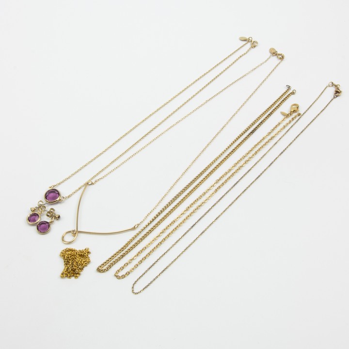 Gold Plated Metal Purple Pendant and Chain with matching Earrings. Gold Plated Metal Fine Chains, (Some broken) (VAT Only Payable on Buyers Premium)