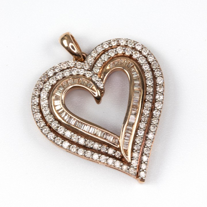 10K Rose and White 1.00ct Diamond Heart Pendant, 3x2.5cm, 4.6g.  Auction Guide: £600-£800