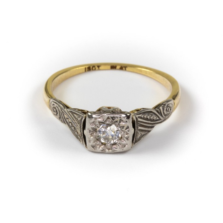 18K Yellow and Platinum 0.20ct Diamond Patterned Shoulders Ring, Size L, 2.4g.  Auction Guide: £350-£450