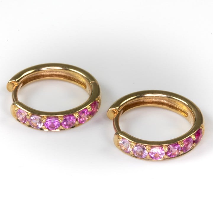 9K Yellow 0.57ct Pink Sapphire Hoop Earrings, 1.3cm, 2g.  Auction Guide: £350-£450