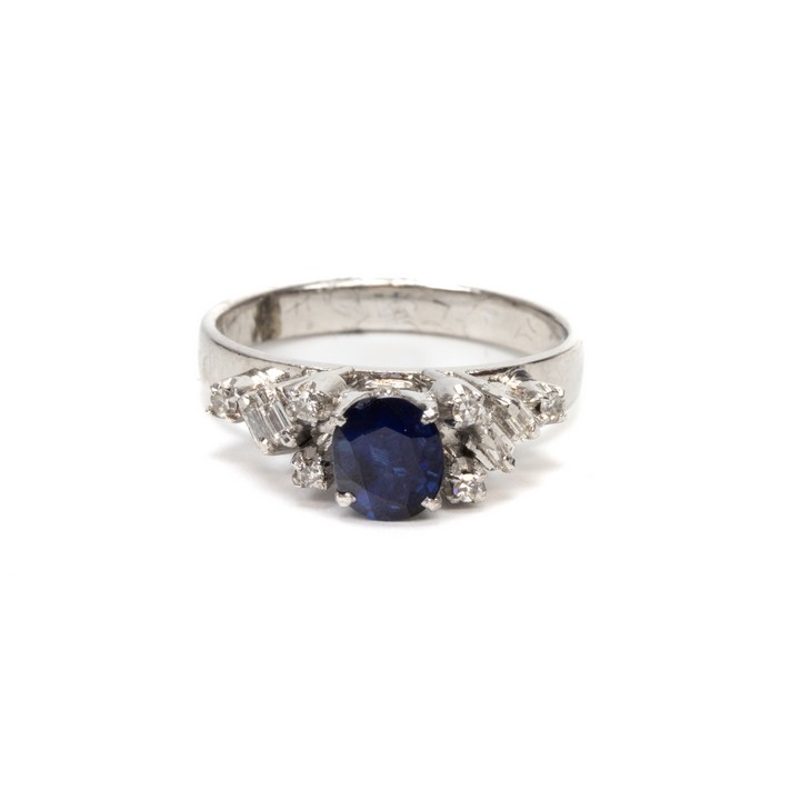 Silver Gold Plated 1.36ct Natural  Blue Sapphire and 0.22ct Diamond Shoulders Ring, Size M½, 3.8g. Colour G, Clarity VS-Si.  Auction Guide: £400-£500 (VAT Only Payable on Buyers Premium)