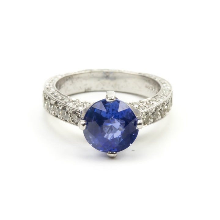 Platinum 950 3.00ct Royal Blue Sapphire and 2.00ct Diamond Ring, Size L½, 7.6g. Colour E-F, Clarity VVS-VS.  Auction Guide: £4,800-£5,300 (VAT Only Payable on Buyers Premium)