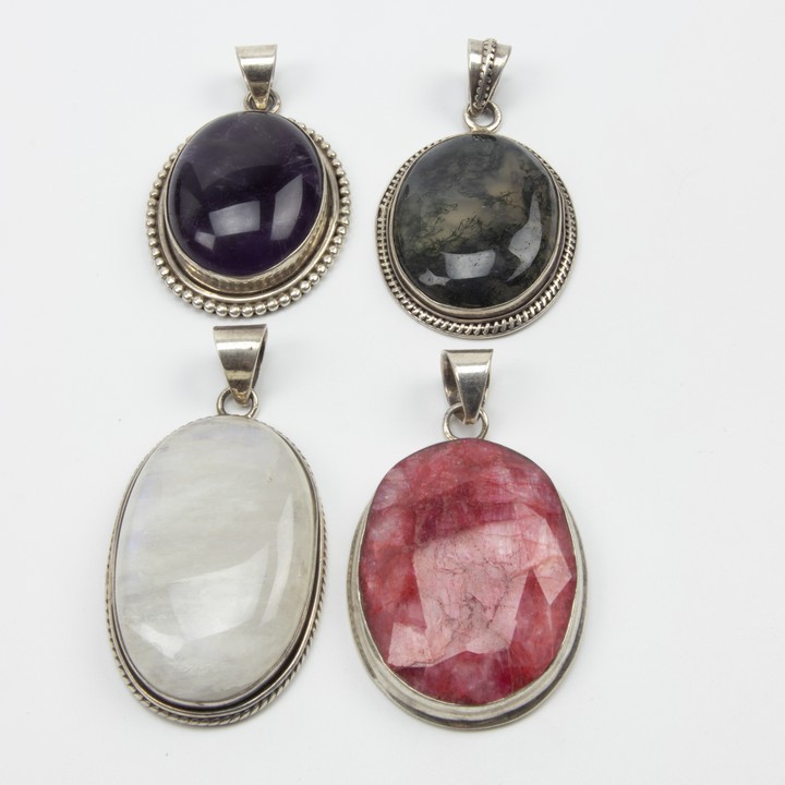 Silver Selection of Four Coloured Stone Pendants, 62.7g (VAT Only Payable on Buyers Premium)