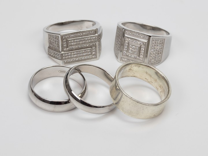 Silver Selection of Two Clear Stone Pavé Rings and Three Plain Band Rings, Size V½, total weight 35.9g (VAT Only Payable on Buyers Premium)
