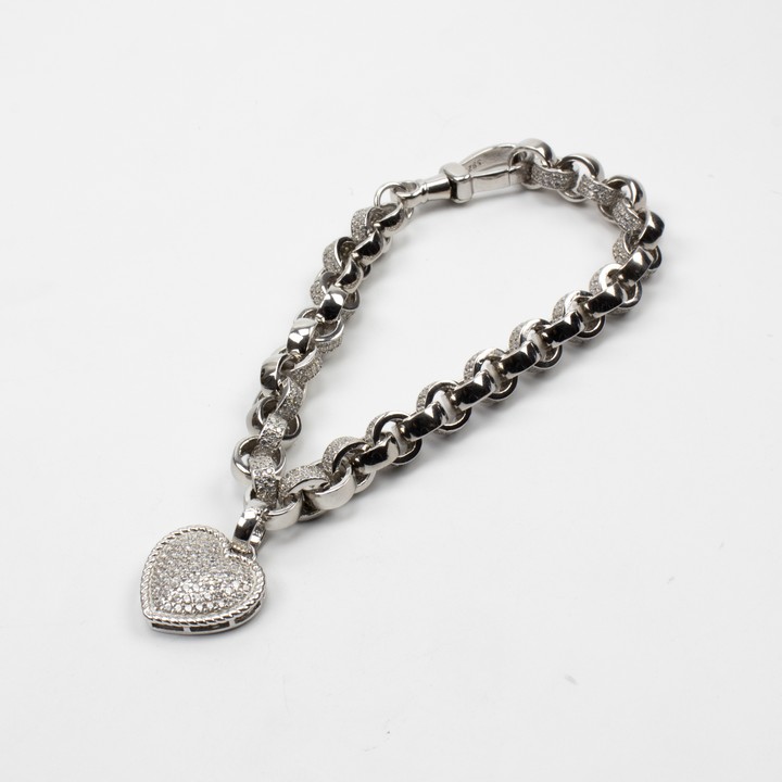 Silver Clear Stone Pavé Belcher Bracelet with Heart Charm, 20cm, 24.7g (VAT Only Payable on Buyers Premium)