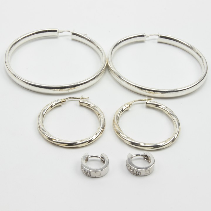 Silver Trio of Hoop Earrings, 5.3, 3 and 1.2cm, 17.9g (VAT Only Payable on Buyers Premium)