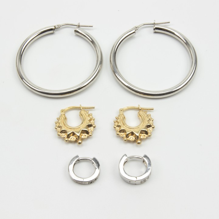 Silver and Gold Plated Silver Trio of Hoop Earrings, 1, 1.5 and 3.5cm, 7.7g (VAT Only Payable on Buyers Premium)