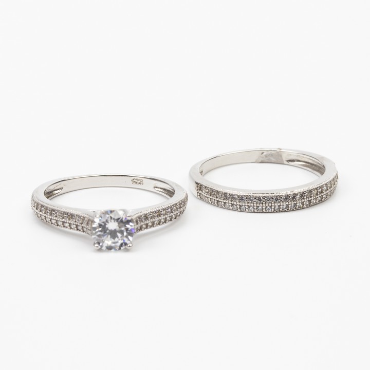 Silver Single Clear Stone and Pavé Shoulders with Matching Half Eternity Ring Wedding Set, Size P½, 4.4g (VAT Only Payable on Buyers Premium)