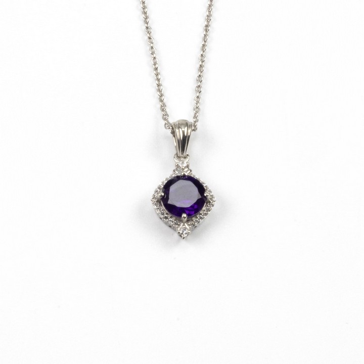 Silver Amethyst Round Faceted Stone with Clear Stones Halo Pendant, 2.7cm and Chain, 45cm, 5g