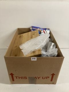 BOX OF ASSORTED ITEMS TO INCLUDE WOODEN CHOPPING BOARD & VILEDA REFILL MOPHEADS