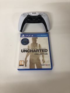 XBOX CONTROLLER AND PS4 GAME, UNCHARTED NATHAN DRAKE COLLECTION