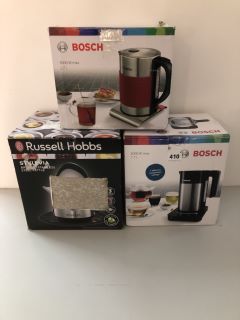 3 X ASSORTED KETTLES TO INCLUDE BOSCH AND RUSSELL HOBBS