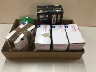 BOX OF KITCHEN APPLIANCES AND ACCESSORIES TO INCLUDE BLENDERS AND COFFEE PODS