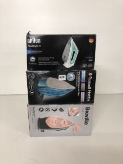 3 X STEAM IRONS, BRAUN, RUSSELL HOBBS AND BREVILLE