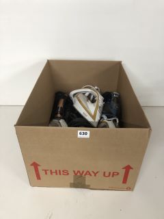 A BOX OF ASSORTED STEAM IRONS