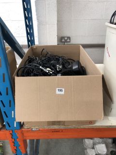 A BOX OF ASSORTED TECH CABLES AND CHARGERS ETC