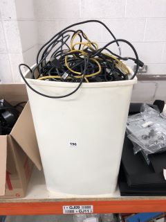 A BOX OF ASSORTED TECH CABLES AND CHARGERS ETC