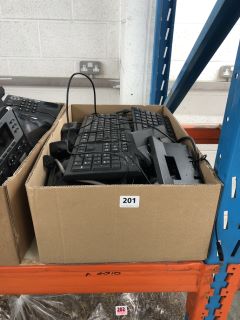 A BOX OF TECH TO INCLUDE PHONES, KEYBOARDS ETC