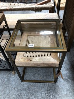 NKUKU LUZON IRON & MANGO WOOD DISPLAY SIDE TABLE IN BRASS RRP - £375: LOCATION - A7